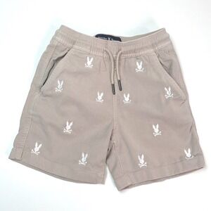 Psycho Bunny Boys Elastic Waist Drawstring Shorts Beige Bunny Skull Print Size 4